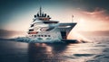 Luxury private motor yacht sailing at sea. Luxury motor yacht on the ocean. Yachting on open sea at golden sunset. generative ai