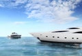 Luxury private motor yachts in tropical sea surface with blue sky clouds sunshine, empty background copy space Royalty Free Stock Photo