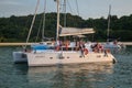 Luxury and private yacht sailing stop at open water sea space to let tourist see the sunset