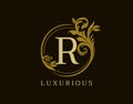 Luxury R Letter Floral Design. Circle Royal R Vintage Logo Icon Royalty Free Stock Photo