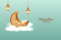 Luxury Ramadan kareem with realistic clouds, 3d golden lantern and crescent moon decorations. Islamic background