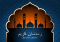 Luxury Ramadan Kareem vector template with silhouettes of mosques and minarets on sunset sky in golden arabic arch on royal blue b