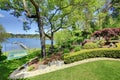 Luxury real estate lake view from home balcony.