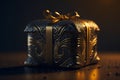 Luxury realistic golden giftbox, horizontal composition
