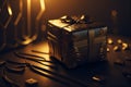 Luxury realistic golden giftbox, horizontal composition