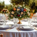 Luxury reception beautiful flowers, serving dishes, glasses on adorned table