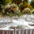 Luxury reception beautiful flowers, serving dishes, glasses on adorned table