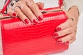 Luxury red handbag in female manicured hands. Royalty Free Stock Photo