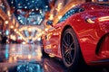 luxury red sports car in city at night. Taillight close-up Royalty Free Stock Photo