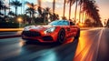 luxury red sports car drives fast on road evening at a resort with palm trees. Motion blur Royalty Free Stock Photo