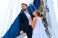 Luxury relaxing man and woman couple traveler in  suite stand and hug in love at part of cruise yacht. Concept business travel Royalty Free Stock Photo