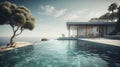 Luxury residential minimalist villa with pool and ocean. Al generated