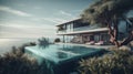 Luxury residential minimalist villa with pool and ocean. Al generated