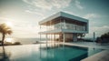 Luxury residential minimalist villa with pool and ocean. Al generated