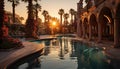 Luxury resort, palm trees, sunset, swimming pool, tranquil nature generated by AI Royalty Free Stock Photo