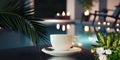 Luxury resort pool palm cup of coffee and candles with tropic roses flowers spa relaxing Royalty Free Stock Photo