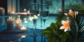 Luxury resort pool palm glasses of wine and candles with tropic roses flowers spa relaxing Royalty Free Stock Photo