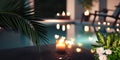 Luxury resort pool palm plant and candles with tropic roses flowers spa relaxing Royalty Free Stock Photo