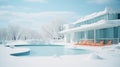 Luxury resort after unexpected snowstorm. Frozen modern hotel with a swimming pool, orange chaise-longues. Generative AI