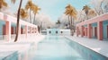 Luxury resort after unexpected snowstorm. Retro style hotel with a swimming pool and palm trees around. Generative AI Royalty Free Stock Photo