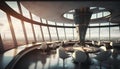 Luxury restaurant interior with panoramic city view. 3D Rendering