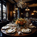 Luxury restaurant interior. Table set for wedding or another catered event dinner. ai generated