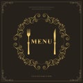 Luxury Restaurant Menu Logo Template. Golden Cutlery. Elegant Drawn Fork and Knife. Creative Monogram with Inscription. Brochure