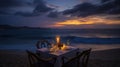 Luxury romantic candlelight dinner table setup for couple in ocean view restaurant, AI Generative Royalty Free Stock Photo
