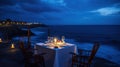 Luxury romantic candlelight dinner table setup for couple in ocean view restaurant with Champaign and wine glasses, AI Generative Royalty Free Stock Photo