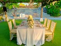 A luxury and romantic dining table set up in the green garden Royalty Free Stock Photo