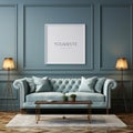Luxury room mock-up with Chesterfield sofa in soft baby blue leather