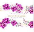 Luxury rose flowers watercolor card Vector. Golden abstract frames decor banner. Royal wedding bouquets illustrations