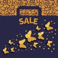 Luxury sale background with golden glittering butterflies. Royalty Free Stock Photo