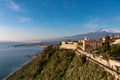 Luxury San Domenico Palace Hotel with panoramic view on snow capped Mount Etna volcano and Mediterranean sea in Taormina, Sicily Royalty Free Stock Photo