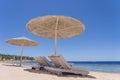 Luxury sand beach with beach chairs and white straw umbrellas in tropical resort in Red Sea coast in Egypt, Africa Royalty Free Stock Photo