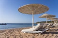 Luxury sand beach with beach chairs and white straw umbrellas in tropical resort in Red Sea coast in Egypt, Africa Royalty Free Stock Photo