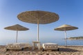 Luxury sand beach with beach chairs and white straw umbrellas in tropical resort in Red Sea coast in Egypt, Africa Royalty Free Stock Photo