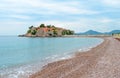 Luxury Sand Beach near Island and Resort Sveti Stefan, Montenegro. Balkans, Adriatic sea, Europe. Royalty Free Stock Photo