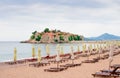 Luxury Sand Beach near Island and Resort Sveti Stefan, Montenegro. Balkans, Adriatic sea, Europe. Royalty Free Stock Photo