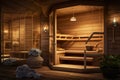 Luxury sauna interior, wooden steam room of spa in hotel or home