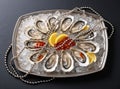 Luxury seafood platter with oysters, lemon, and pearls on ice Royalty Free Stock Photo