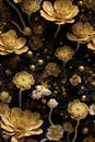 Luxury Seamless Floral Pattern on Black with Golden Flowers