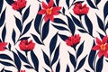 Seamless floral pattern, abstract botanical print with large red flowers in a retro motif. Vector design. Royalty Free Stock Photo