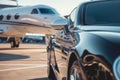 luxury sedan with private jets reflection in its polished surface Royalty Free Stock Photo