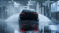 Luxury Sedan Under Water Jets in Auto Wash with Powerful Mist Effect Royalty Free Stock Photo