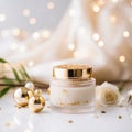 Luxury serum bottle and gift box with gold decorations on white background, By AI Generative