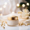 Luxury serum bottle and gift box with gold decorations on white background, By AI Generative