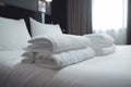 hotel luxury white towel fresh bed resort room home service. Generative AI. Royalty Free Stock Photo