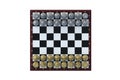 Luxury set of metallic chess figures on chess board isolated on white background Royalty Free Stock Photo