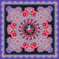 Luxury shawl or square carpet in ethnic style. Paisley ornament, decorative border and wreath of roses. Russian, indian motifs.